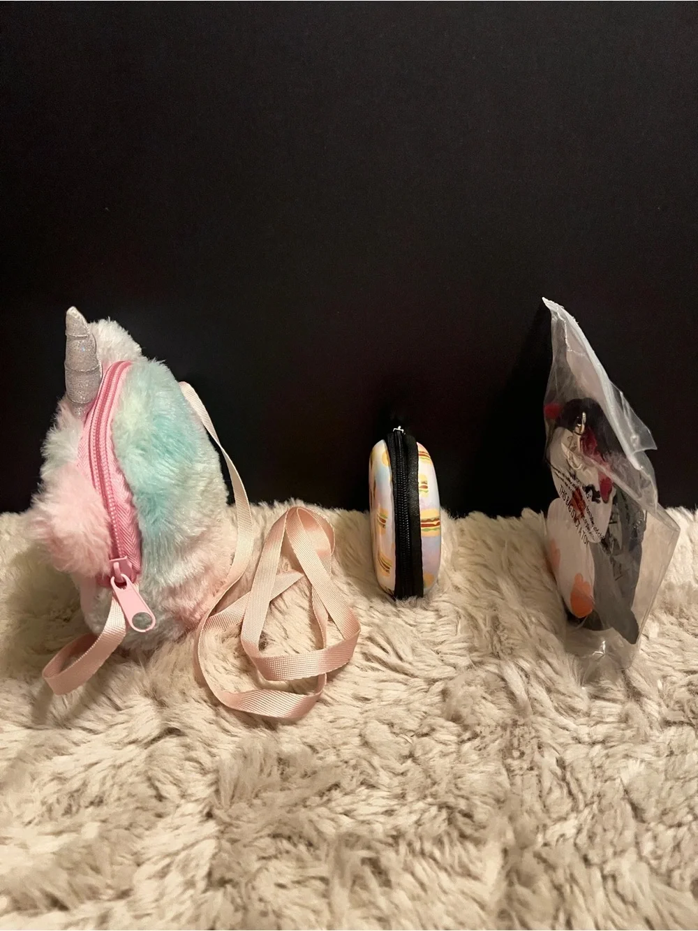 Three piece Plush Unicorn Crossbody Bag, 2 coin purses kids